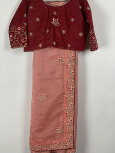 Designer Organza Saree- Strawberry Pink with Maroon Blouse