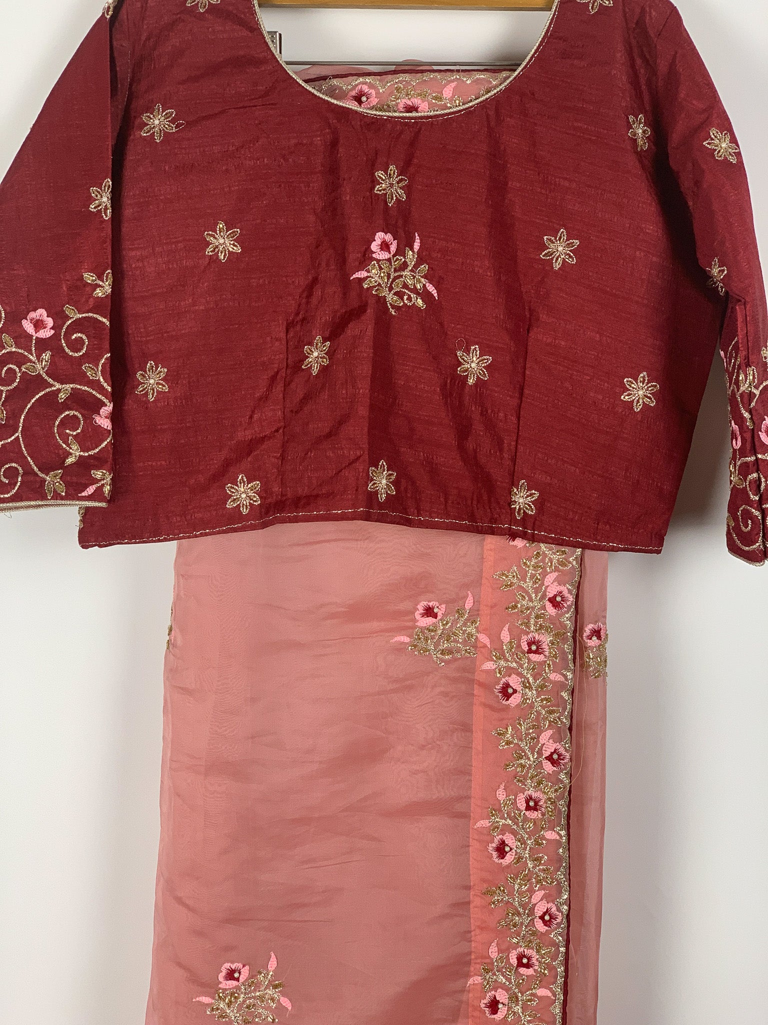 Designer Organza Saree- Strawberry Pink with Maroon Blouse