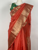 Load image into Gallery viewer, Designer Organza Saree - Brick Orange with green brocade blouse
