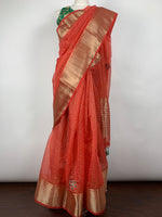 Load image into Gallery viewer, Designer Organza Saree - Brick Orange with green brocade blouse
