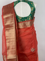 Load image into Gallery viewer, Designer Organza Saree - Brick Orange with green brocade blouse
