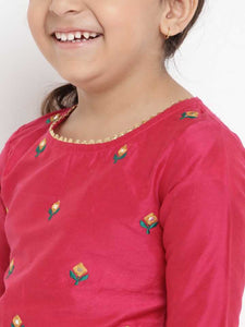 Girls Pink & Yellow Embroidered Kurta with Skirt