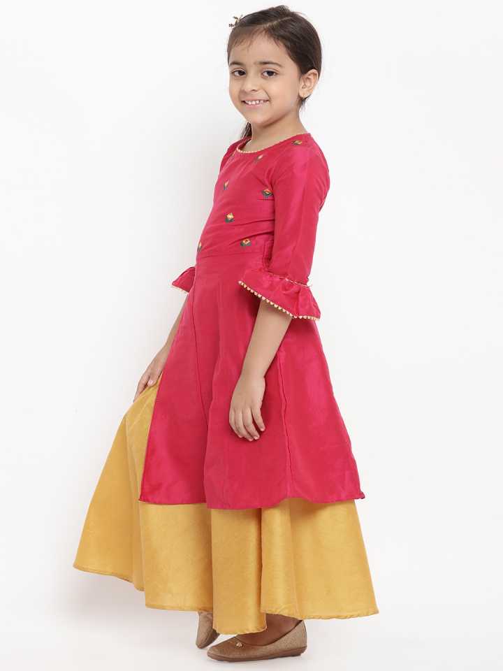 Girls Pink & Yellow Embroidered Kurta with Skirt