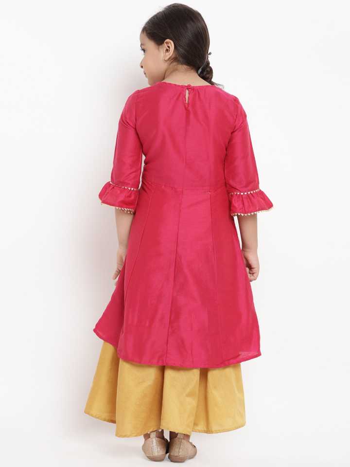 Girls Pink & Yellow Embroidered Kurta with Skirt