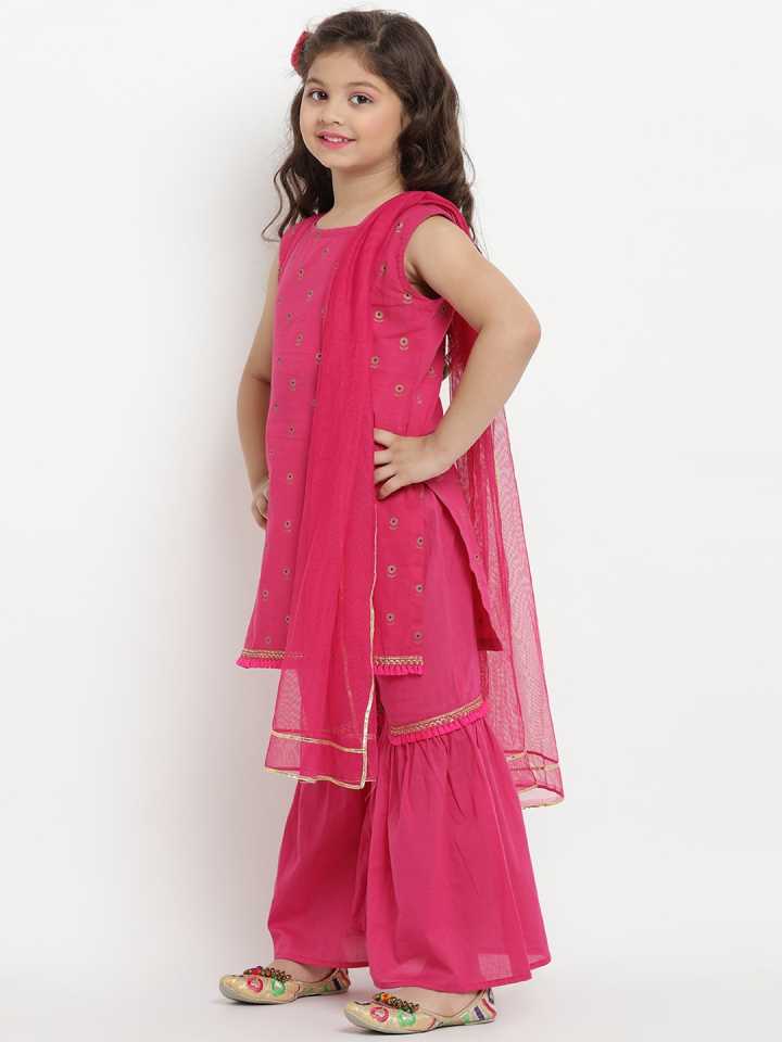 Girls Fuchsia Printed Kurta with Sharara & Dupatta