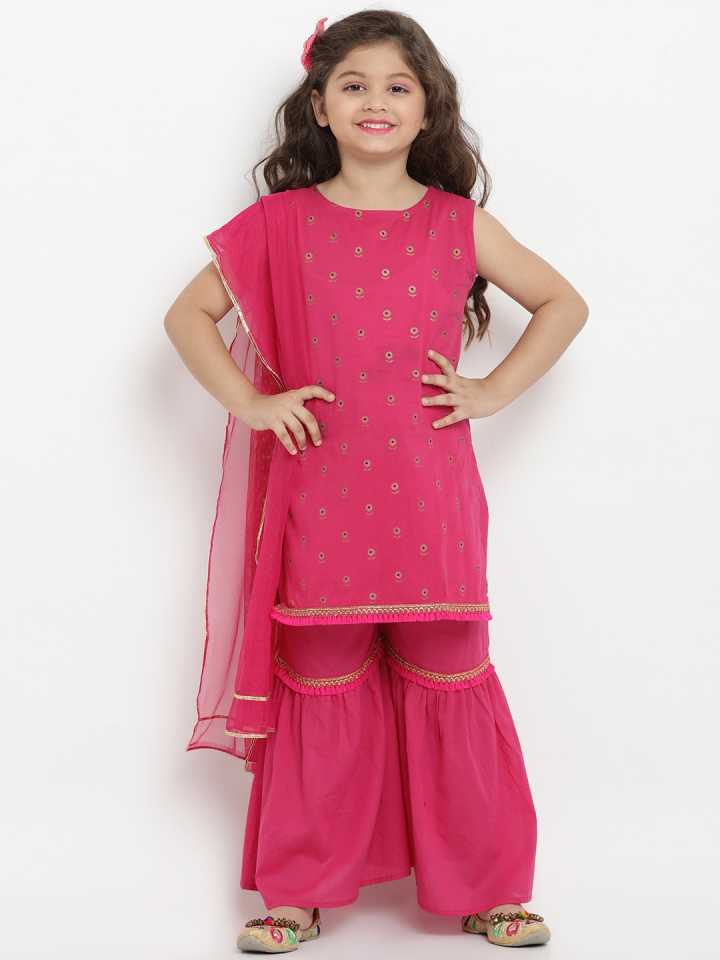 Girls Fuchsia Printed Kurta with Sharara & Dupatta