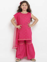 Load image into Gallery viewer, Girls Fuchsia Printed Kurta with Sharara &amp; Dupatta
