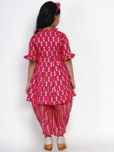 Girls Pink & Gold-Toned Printed Kurta with Dhoti Pants