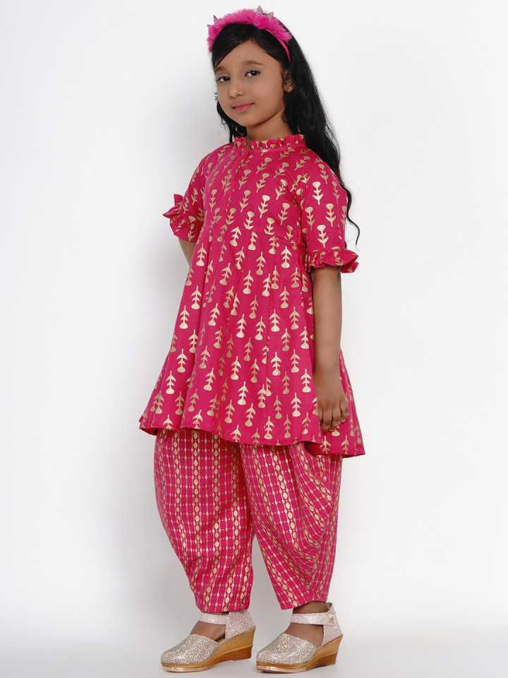 Girls Pink & Gold-Toned Printed Kurta with Dhoti Pants