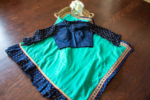 Designer Saree - SeaGreen  Saree With Navy Blue Ruffle