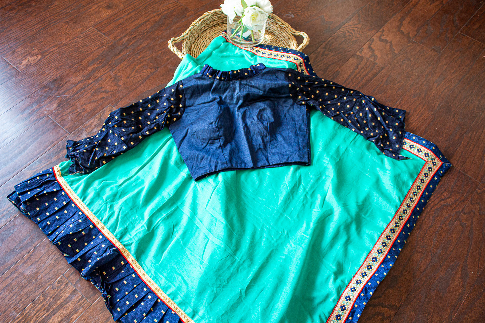 Designer Saree - SeaGreen  Saree With Navy Blue Ruffle