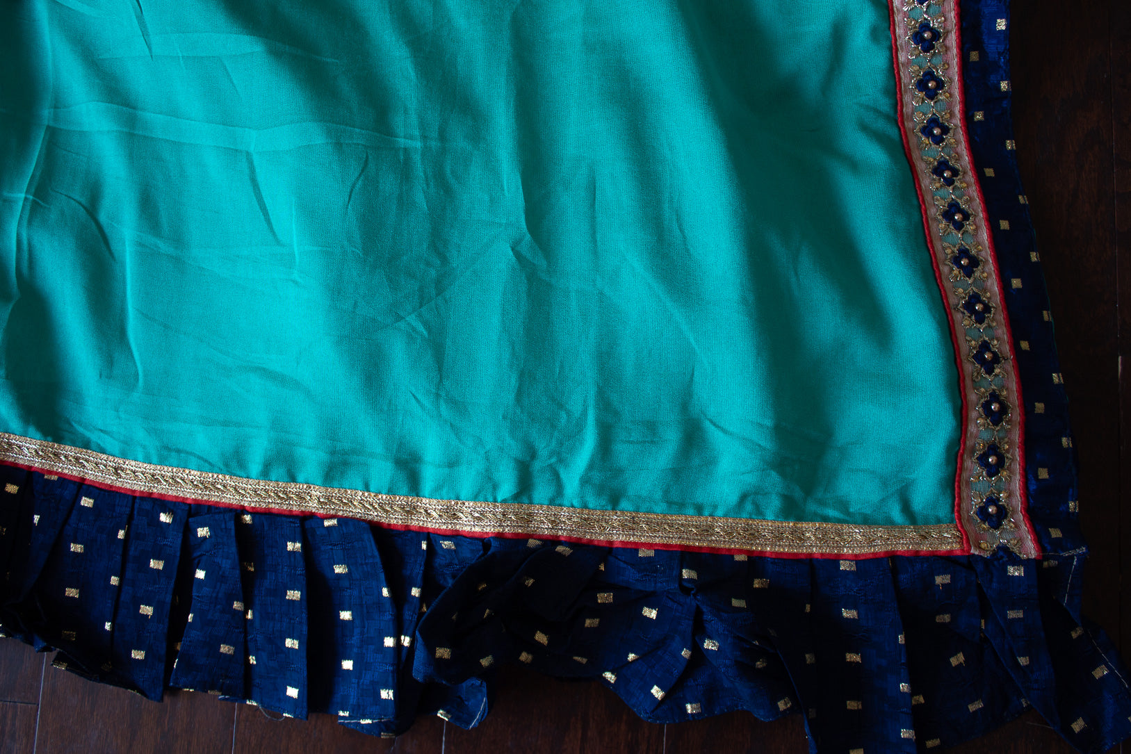 Designer Saree - SeaGreen  Saree With Navy Blue Ruffle