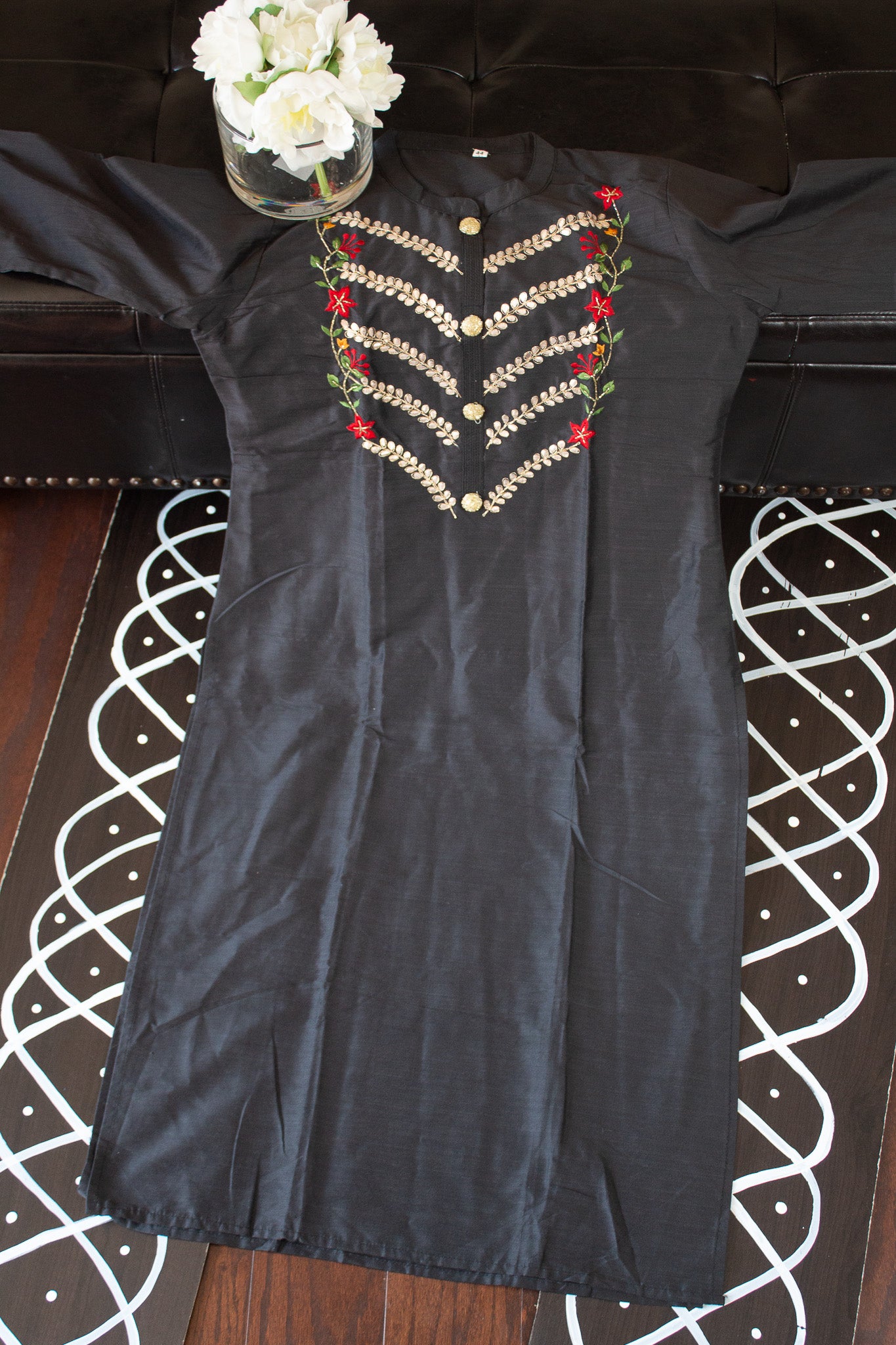 Women Black & Red Pure Raw Silk Yoke Design Thread Work Straight Kurti