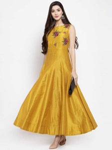 Women Embroidered Silk Blend Gown Kurta  (Yellow)