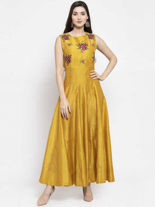 Women Embroidered Silk Blend Gown Kurta  (Yellow)