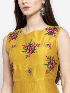 Women Embroidered Silk Blend Gown Kurta  (Yellow)